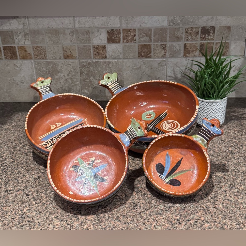 Set 4 Vintage Mexican Red Clay Pottery Nesting Bowls Handmade Terracotta *Read
